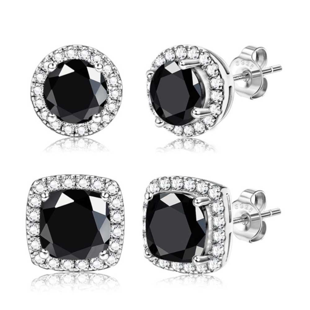 14K White Gold- 925 Sterling Silver Unisex Black Faceted Diamond Cut CZ Earrings